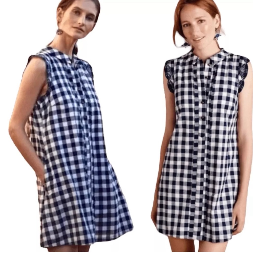 Anthropologie Trinette Gingham Plaid Shirt Dress in Navy Blue & White size: S - Picture 13 of 13